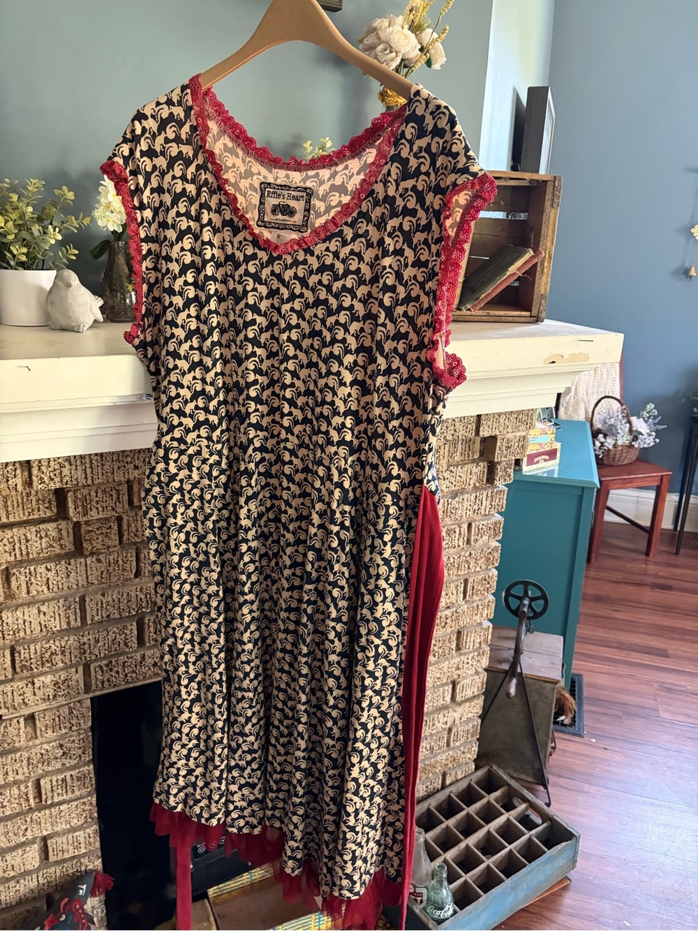 Effie's Heart Cream Printed Midi Dress squirrel print with Red Lace Trim